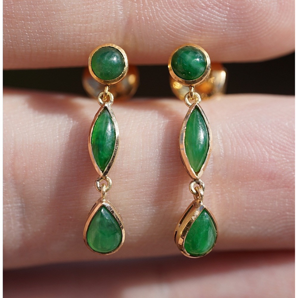 14k Solid Yellow Gold Translucent Green Jade 3-Tier Dangle Drop Earrings 3.32g